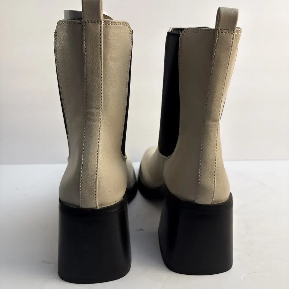 Topshop Womens Ivory‎ Leather Boots Size 9 Chunky Block Heel Retro Y2K NWOB